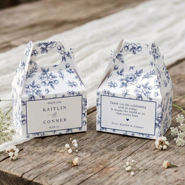 Vintage franska blomstermönster marinblå viktorian presentaskar (navy blue vintage french floral favor box with elegant toile pattern)