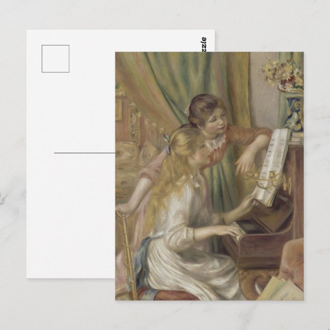 Vintage franska impressionistiska pianoflickor kon vykort (Fram/baksida)