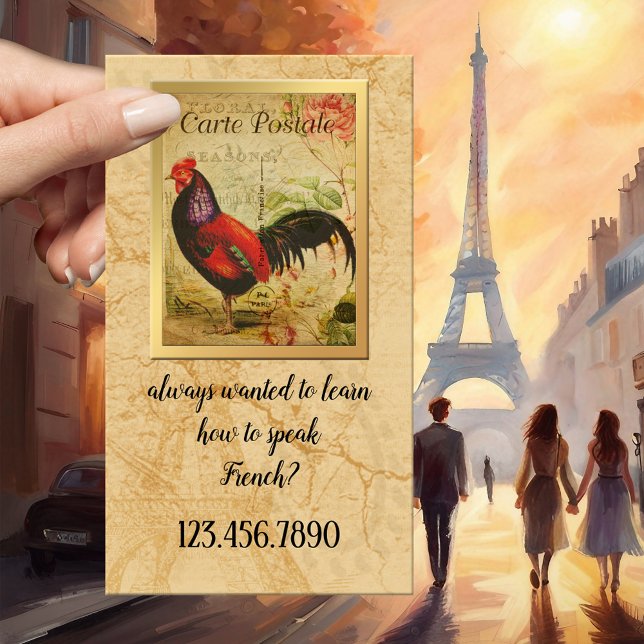 Vintage fransklärare och handledare visitkort (Vintage business card featuring a French postcard with a rooster - French language teacher - France)