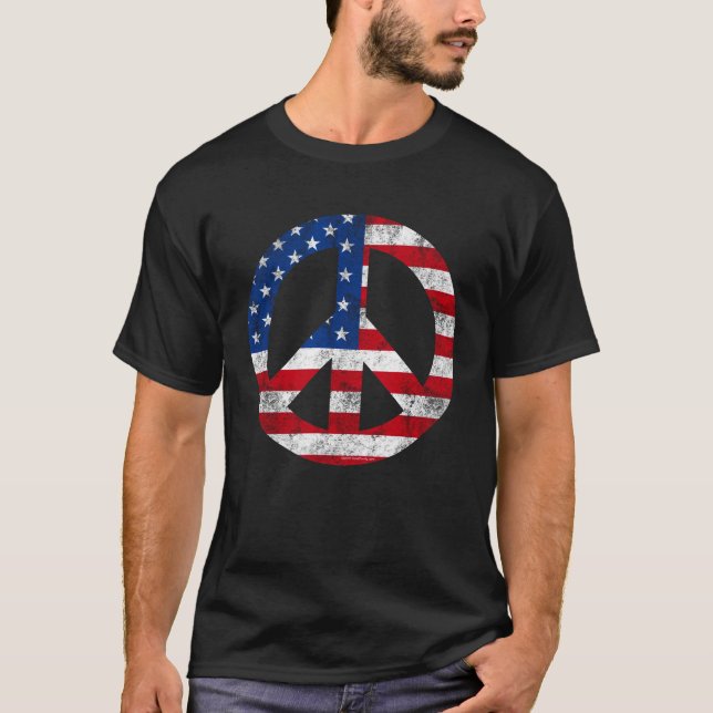 Vintage Fredstecken Symbol American Flagga 4 juli Tee (Framsida)