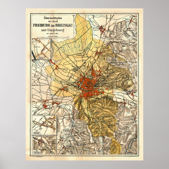 Vintage Freiburg im Breisgau Tyskland Karta (1911) Poster (Framsidan)
