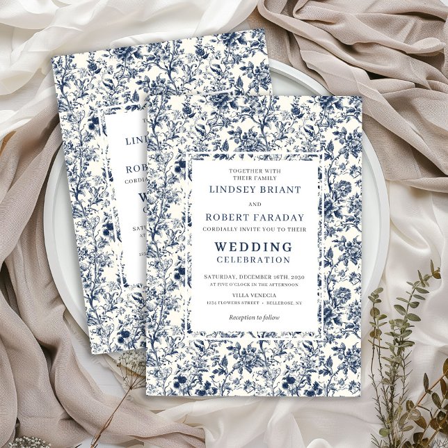 Vintage French Toile Blue Romantic Wedding Invite Inbjudningar (Vintage French Toile Blue Romantic Wedding Invitation)