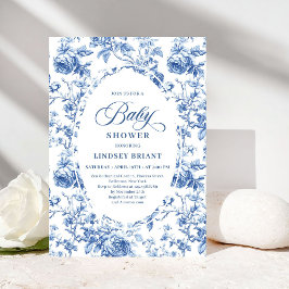 Vintage French Toile Blue Rose Baby Shower Invite Inbjudningar