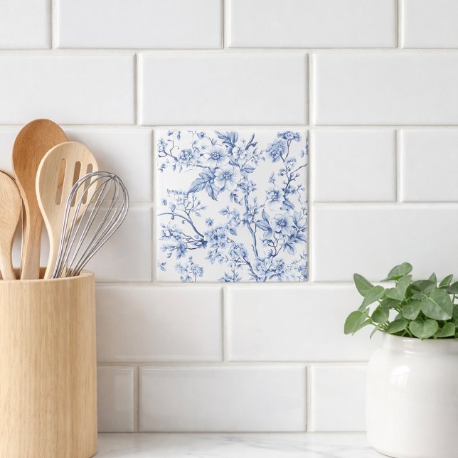 Vintage French Toile Floral Blue Kakelplatta (Skapare uppladdad)