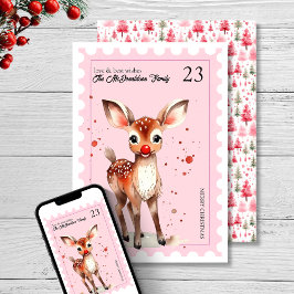 Vintage Frimärke Reindeer Vattenfärgsfärg Rosa jul Julkort