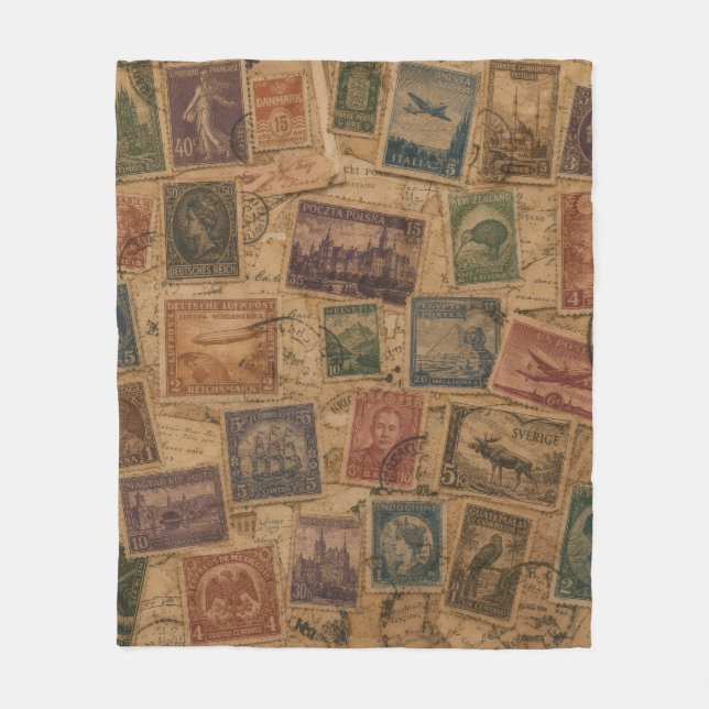 Vintage Frimärkes Filateliska Efemera Fleecefilt (Framsidan)