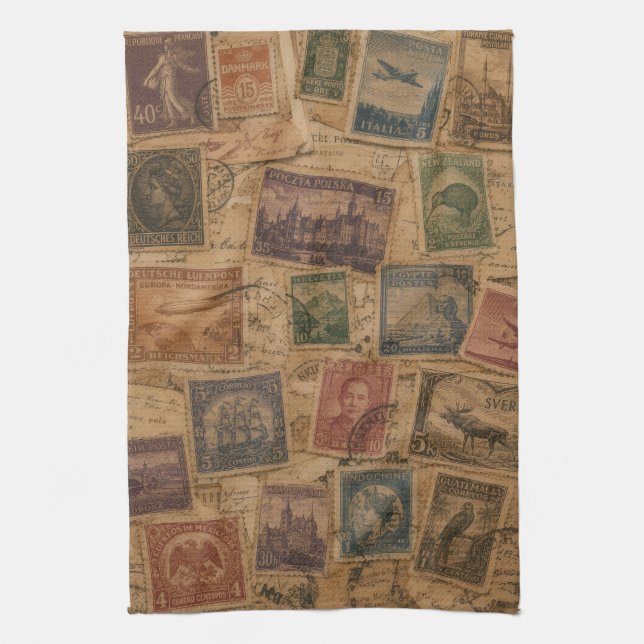 Vintage Frimärkes Filateliska Efemera Kökshandduk (Vertikal)