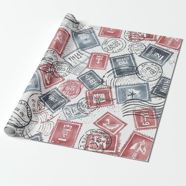Vintage frimärkscollage mönster (1) presentpapper (Utrullad)