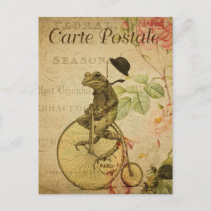 Vintage Frog Riding Bicycle Rosa ros Fransk Vykort