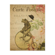 Vintage Frog Riding Bicycle Rosa ros Fransk