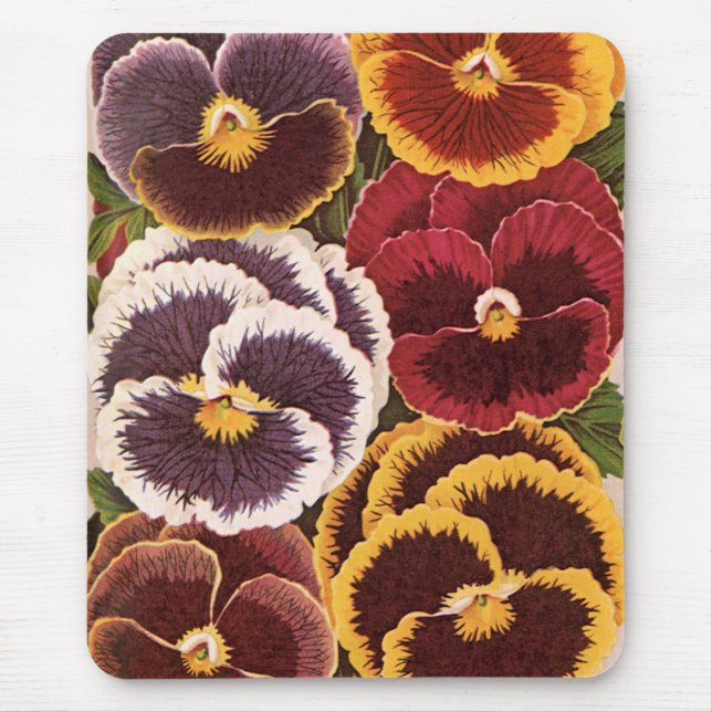 Vintage fröpaket etiketter, trädgårds penséblommor musmatta (Framsidan)