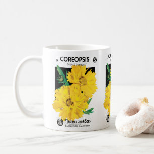 Vintage fröpaket konst, gula Coreopsis blommor Kaffemugg