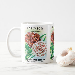 Vintage fröpaket konst, nejlikor blommor kaffemugg