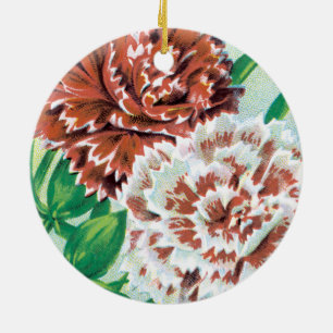 Vintage fröpaket konst, Pinks nejlikor blommor Julgransprydnad Keramik