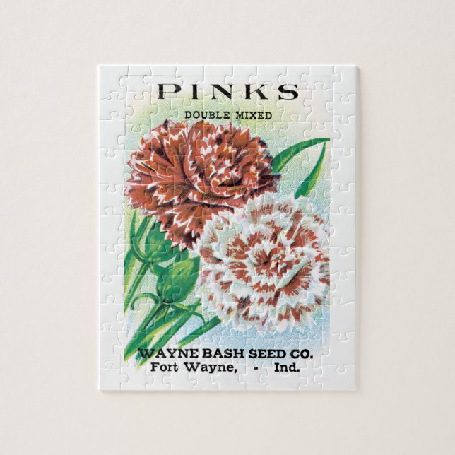 Vintage fröpaket konst, Pinks nejlikor blommor Pussel (Vertikal)