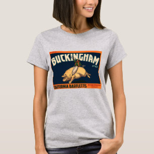 Vintage Fruit Låda-etikett Art Cowboy på Gris Rode T-shirt