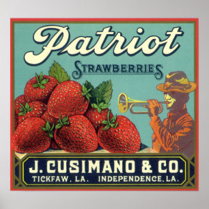 Vintage Fruit Låda-etikett Art Patriot Strawbär Poster
