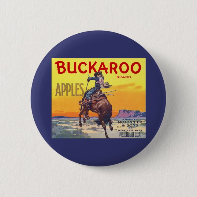 Vintage Fruit Låda Label Art, Buckaroo Apples Knapp (Framsida)