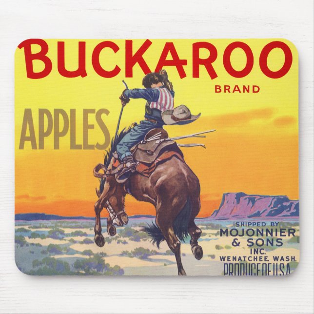 Vintage Fruit Låda Label Art, Buckaroo Apples Musmatta (Framsidan)