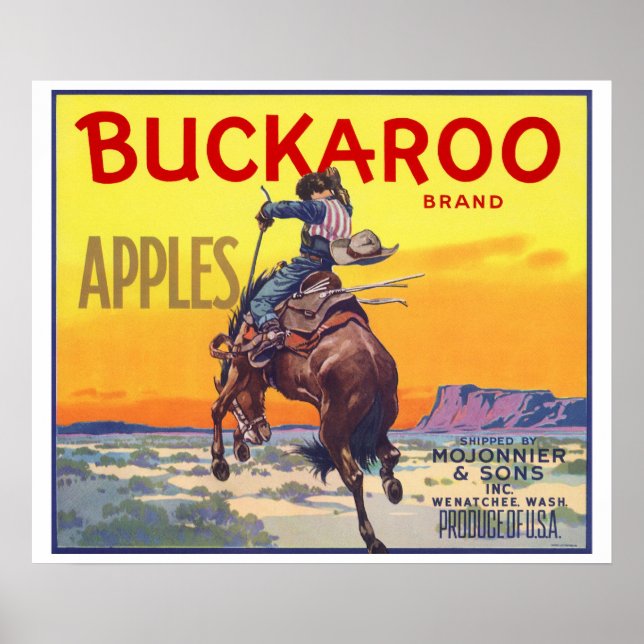 Vintage Fruit Låda Label Art, Buckaroo Apples Poster (Framsidan)