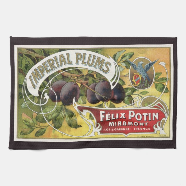 Vintage Fruit Låda Label Art, Imperial Plums Kökshandduk (Horisontell)