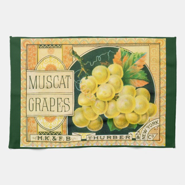 Vintage Fruit Låda Label Art, Muscat Graps Kökshandduk (Horisontell)