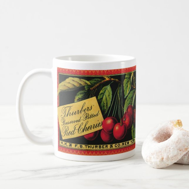 Vintage Fruit Låda Label Art, Thurber Cherries Kaffemugg (Med munk)