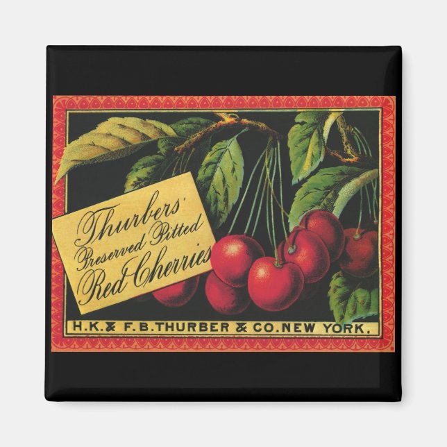 Vintage Fruit Låda Label Art, Thurber Cherries Magnet (Framsidan)