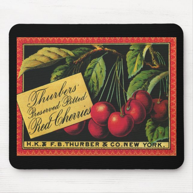 Vintage Fruit Låda Label Art, Thurber Cherries Musmatta (Framsidan)
