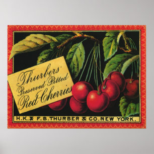 Vintage Fruit Låda Label Art, Thurber Cherries Poster