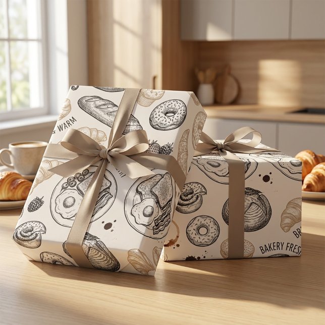 Vintage frukostbageri Sömlöst mönster Presentpapper (#giftwrap #wrappingpaper #giftboxmockup #packagingdesign #productmockup #mockupdesign #bakerydesign )