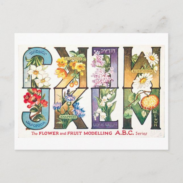 Vintage frukt- och blommalfabetet J-M Vykort (Framsida)