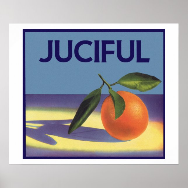 Vintage fruktkratsetikett konst, Juciful Apelsiner Poster (Framsidan)