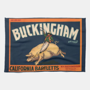 Vintage fruktkratts etikett konst Cowboy på gris R Kökshandduk