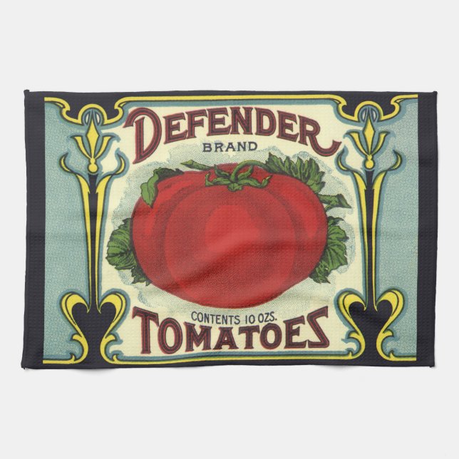 Vintage fruktkratts etikett konst, Defender Tomate Kökshandduk (Horisontell)