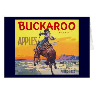 Vintage fruktkratts etikettkonst, Buckaroo-äpplen Hälsningskort