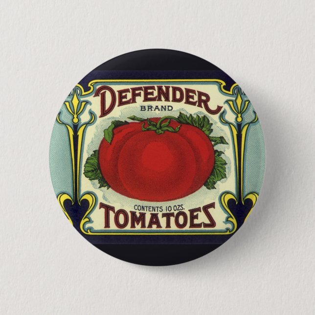 Vintage fruktkratts etikettkonst, Defender Tomater Knapp (Framsida)