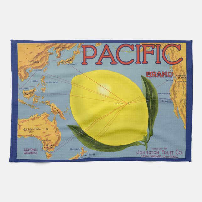 Vintage fruktkrattsmärkeskonst Pacific Lemon Citru Kökshandduk (Horisontell)