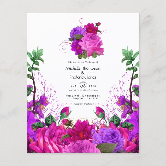 Vintage Fuchsia och lila blommig bröllopsinbjudan Flygblad (Framsidan)