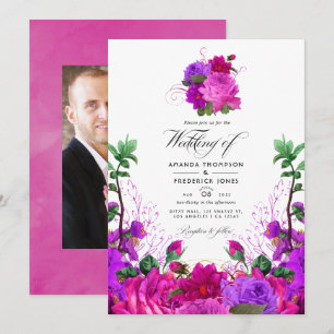 Vintage fuchsia och lila blomstermotiv vigselfoto inbjudningar