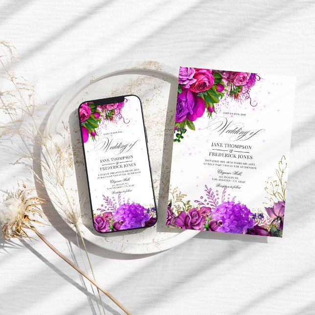 Vintage Fuchsia och Lila Shabby Blommig Bröllop Inbjudningar (Vintage Fuchsia and Purple Shabby Floral Wedding Invitation)