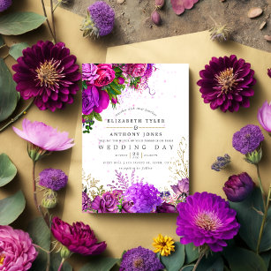 Vintage Fuchsia och Lila Shabby Blommigt Bröllop Inbjudningar
