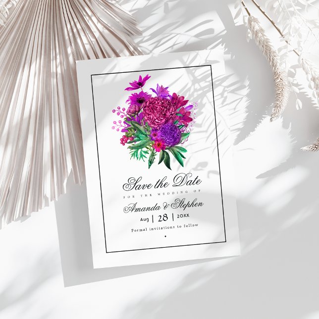 Vintage Fuchsia och Purple Bröllopsblommor Spara Datumet (Vintage Fuchsia and Purple Floral Wedding Save The Date)