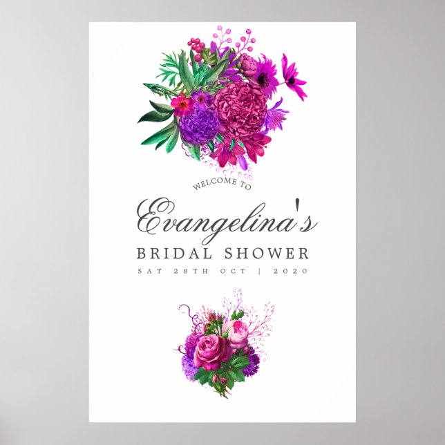 Vintage Fuchsia och Purple Bröllopsdusch Välkommen Poster (Framsidan)