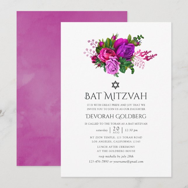 Vintage Fuchsia Shabby Floral Bat Mitzvah Inbjudningar (Fram/baksida)