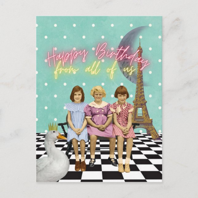Vintage Funky Grupp Födelsedagsgratulationer Vykort (Framsida)
