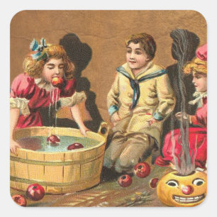 Vintage Funny Children Bobning for Apples i Party Fyrkantigt Klistermärke