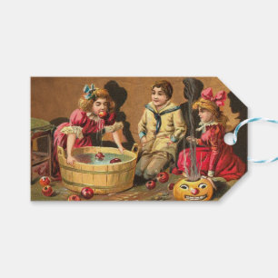 Vintage Funny Children Bobning for Apples i Party Presentetikett