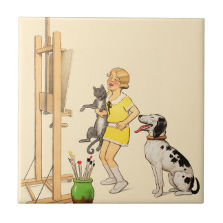 Vintage Funny Girl, Hund Cat Print Georges Redon Kakelplatta