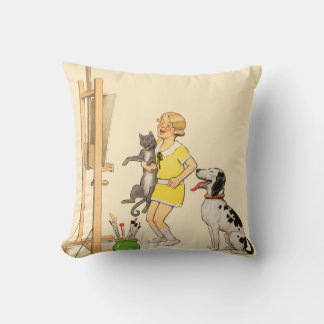 Vintage Funny Girl, Hund Cat Print Georges Redon Kudde